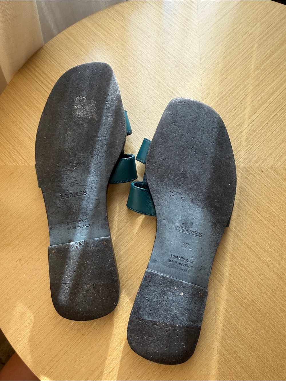 Hermes Oran Leather Slide Sandals Bleu Velvet color - Picture 6 of 7